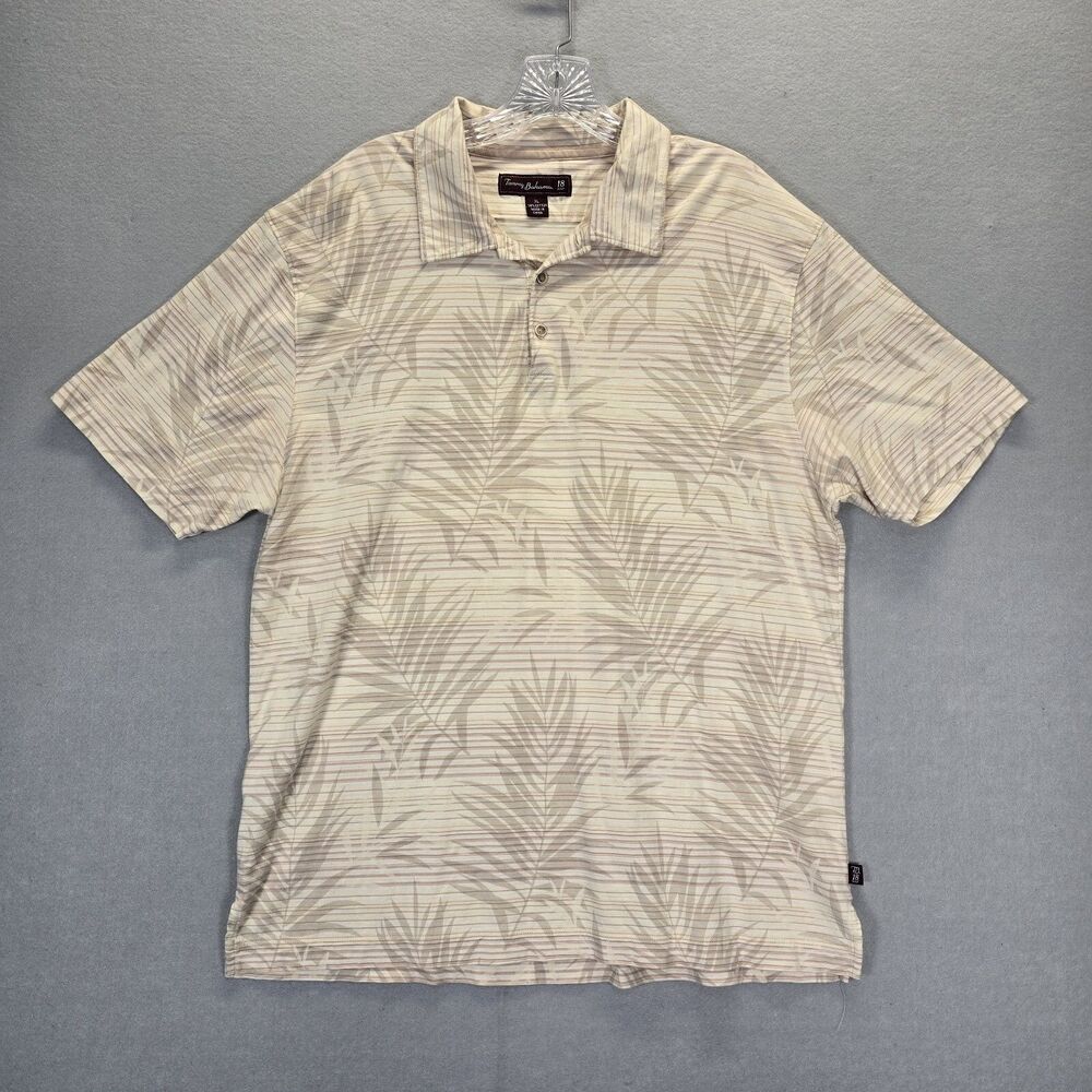 Tommy Bahama Men's  Tropical Leaves Beige Short Sleeve Polo Shirt Size XL